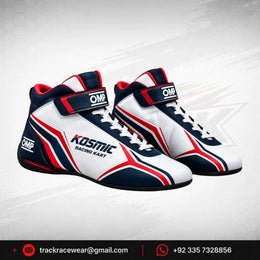 Kosmic Kart Racing Shoes – White, Navy & Red High-Top Motorsport Footwear