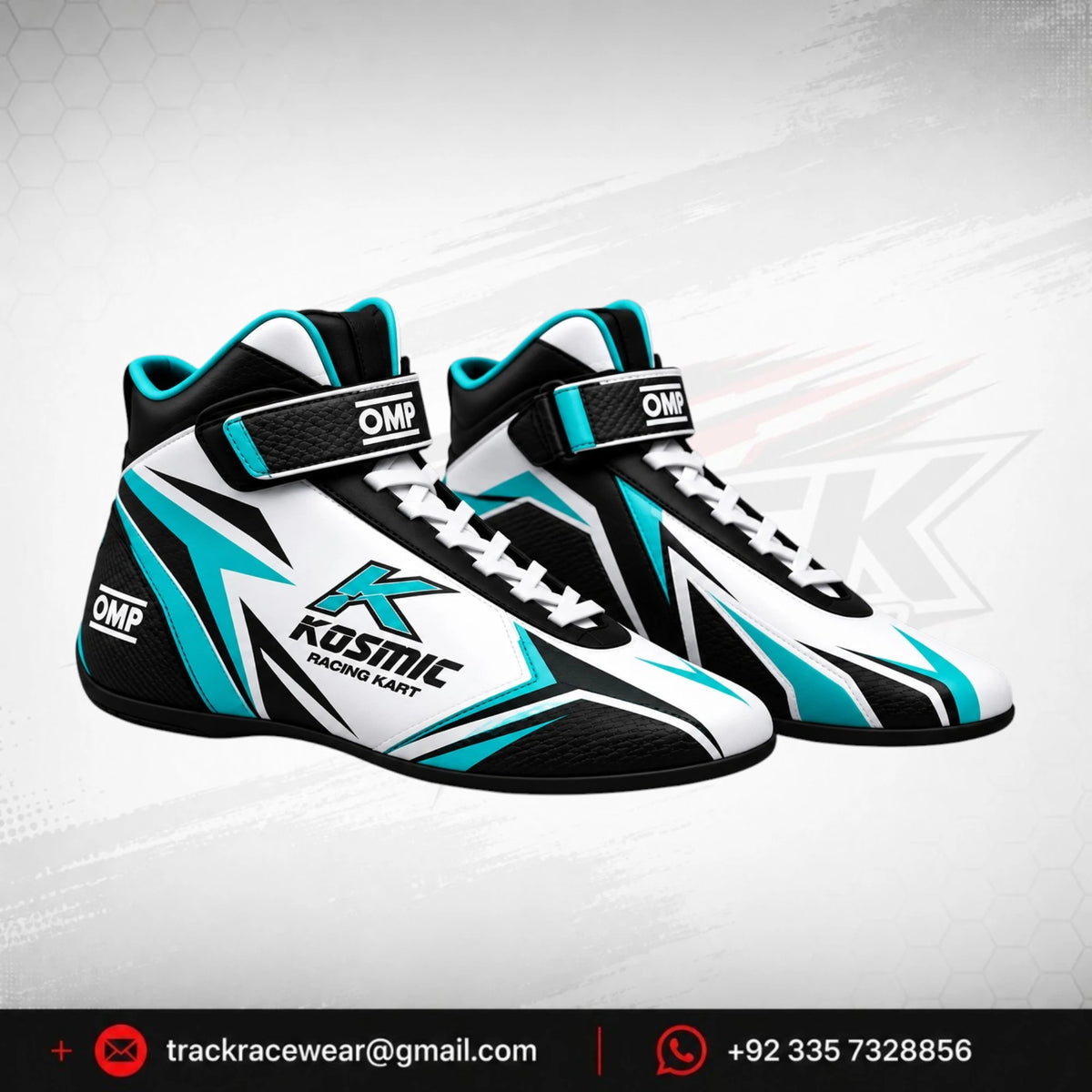 Kosmic Kart Racing Shoes – White, Black & Cyan