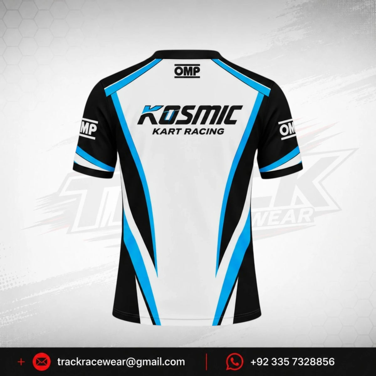 Kosmic Kart Racing T-Shirt – Black, White & Blue OMP Design
