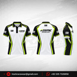 Kosmic Racing Kart Polo Shirt – White, Black & Neon Yellow