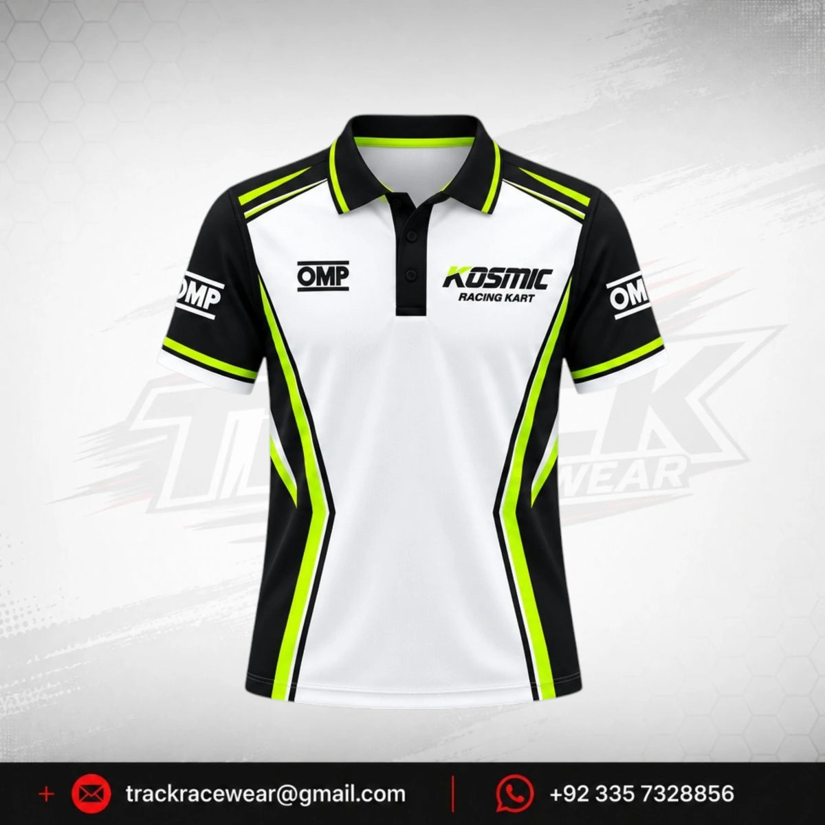 Kosmic Racing Kart Polo Shirt – White, Black & Neon Yellow