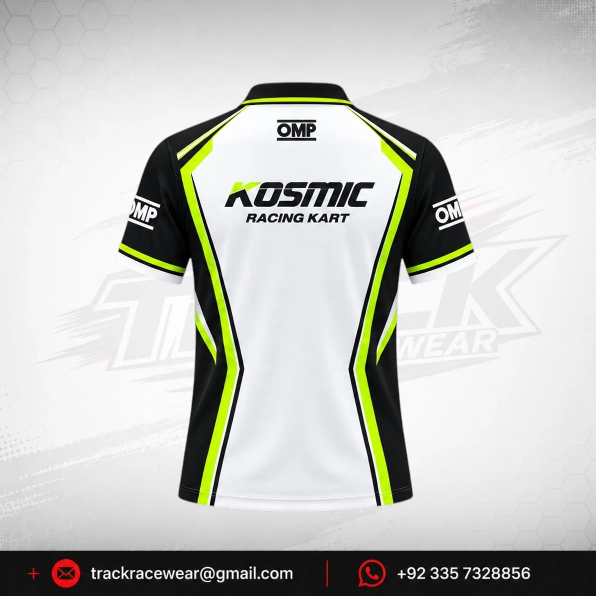 Kosmic Racing Kart Polo Shirt – White, Black & Neon Yellow