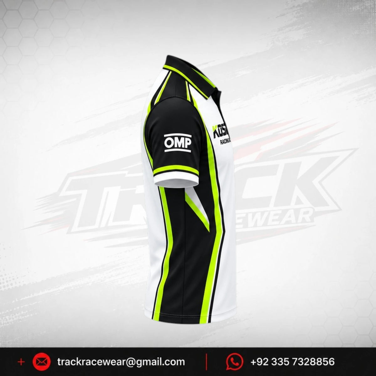 Kosmic Racing Kart Polo Shirt – White, Black & Neon Yellow