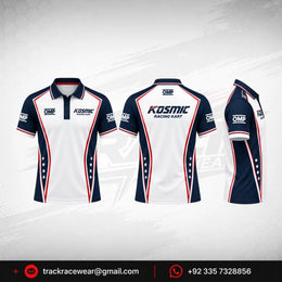 Kosmic Racing Kart Polo Shirt – White, Navy Blue & Red