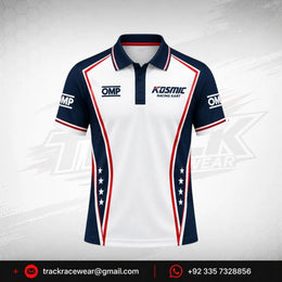 Kosmic Racing Kart Polo Shirt – White, Navy Blue & Red