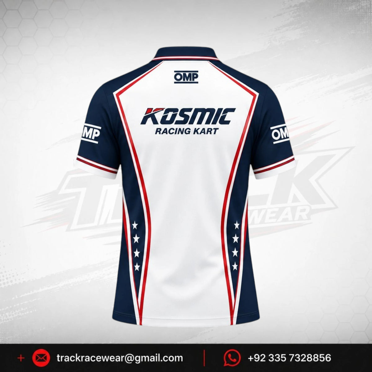 Kosmic Racing Kart Polo Shirt – White, Navy Blue & Red