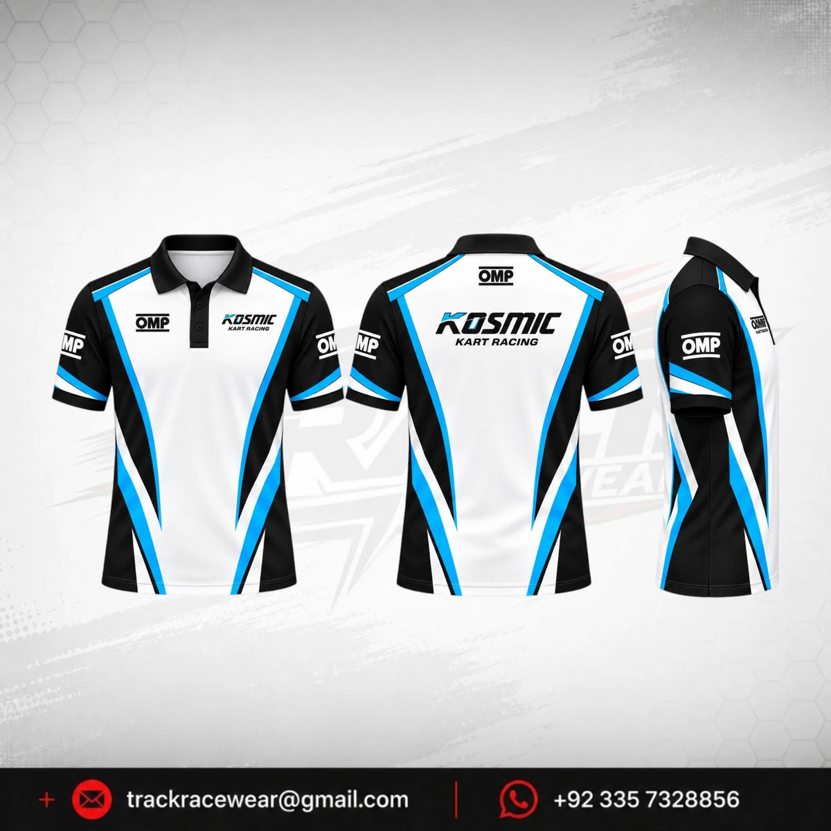 Kosmic Kart Racing Polo Shirt – Black, White & Blue OMP Design