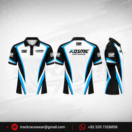 Kosmic Kart Racing Polo Shirt – Black, White & Blue OMP Design