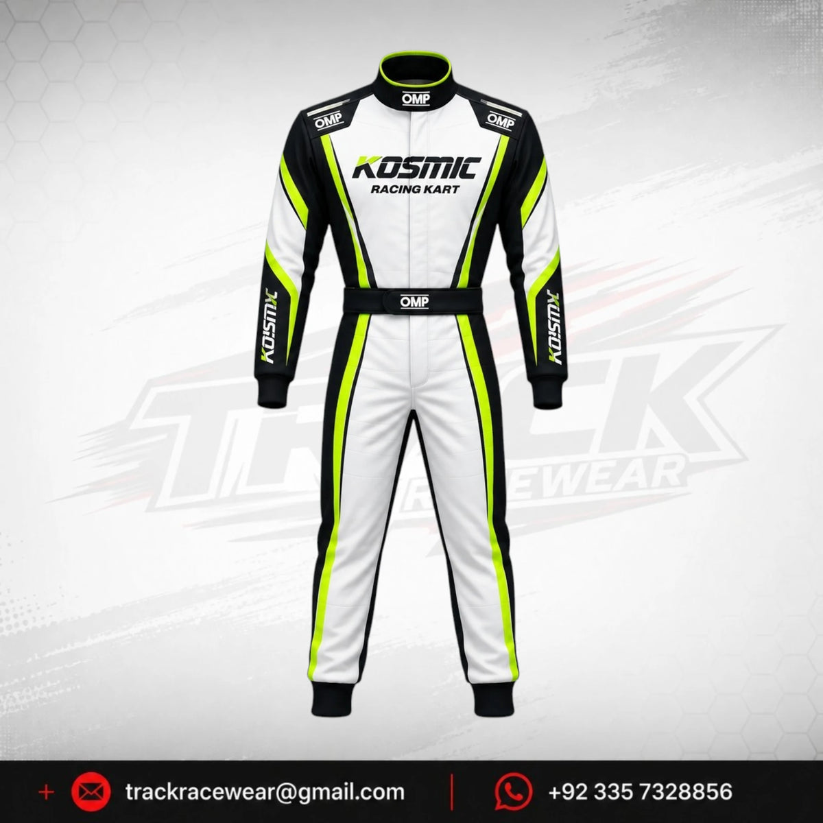 Kosmic Kart Racing Suit – White, Black & Neon Green