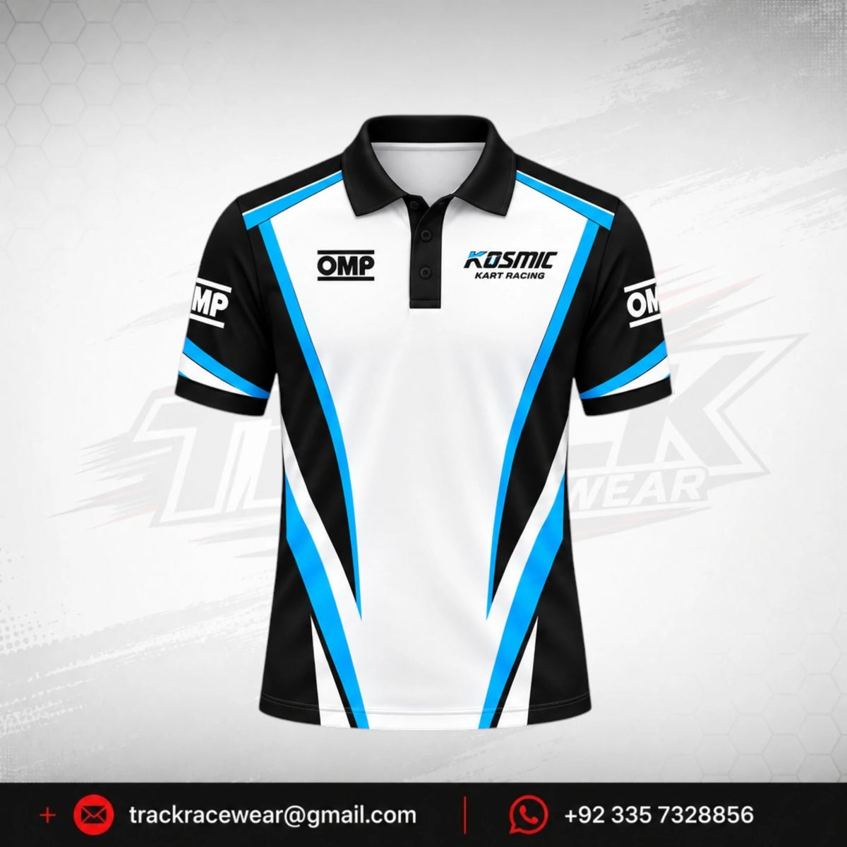Kosmic Kart Racing Polo Shirt – Black, White & Blue OMP Design