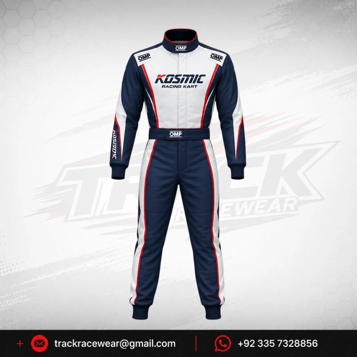 Kosmic Racing Kart Suit – Navy Blue & White Custom Karting Suit