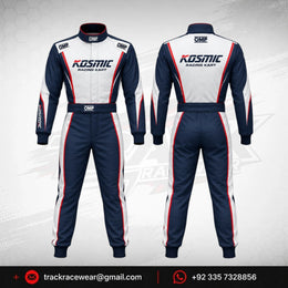 Kosmic Racing Kart Suit – Navy Blue & White Custom Karting Suit
