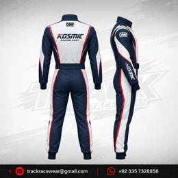 Kosmic Racing Kart Suit – Navy Blue & White Custom Karting Suit