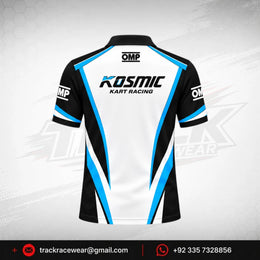 Kosmic Kart Racing Polo Shirt – Black, White & Blue OMP Design
