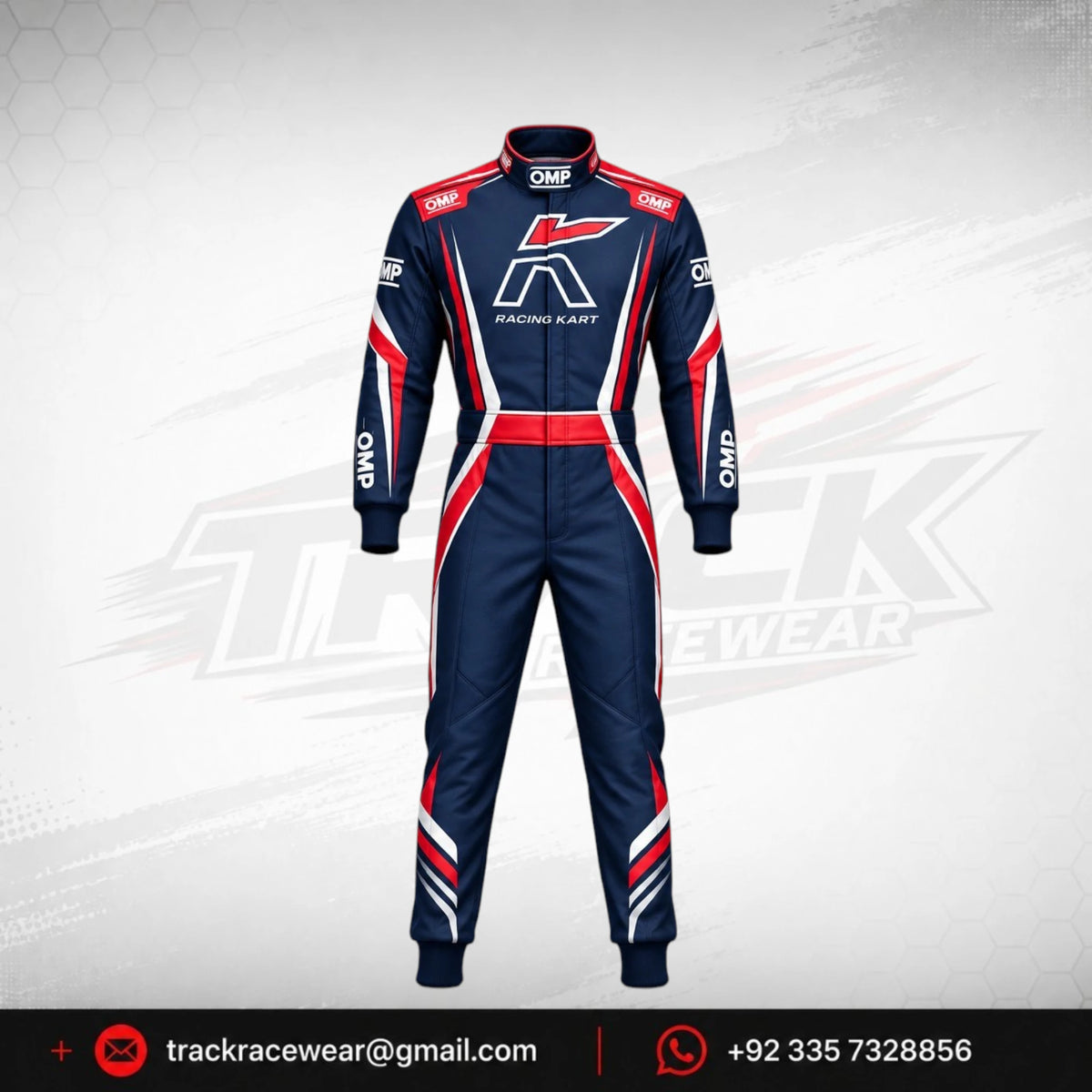 Kosmic Racing Kart Suit – Navy Blue, Red & White Motorsport Design