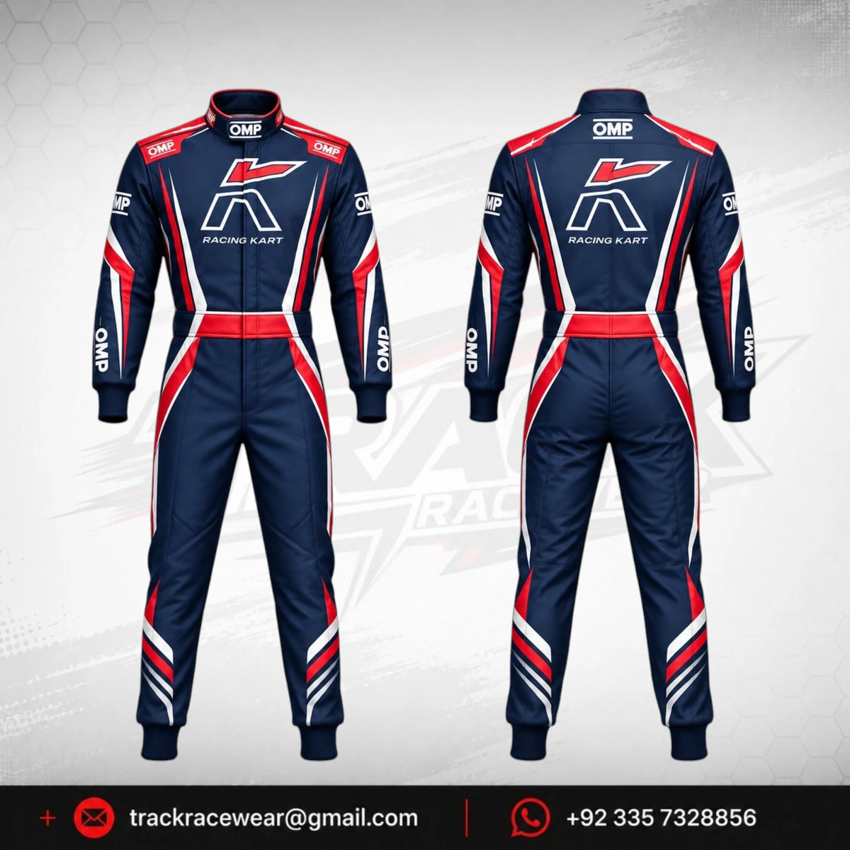 Kosmic Racing Kart Suit – Navy Blue, Red & White Motorsport Design
