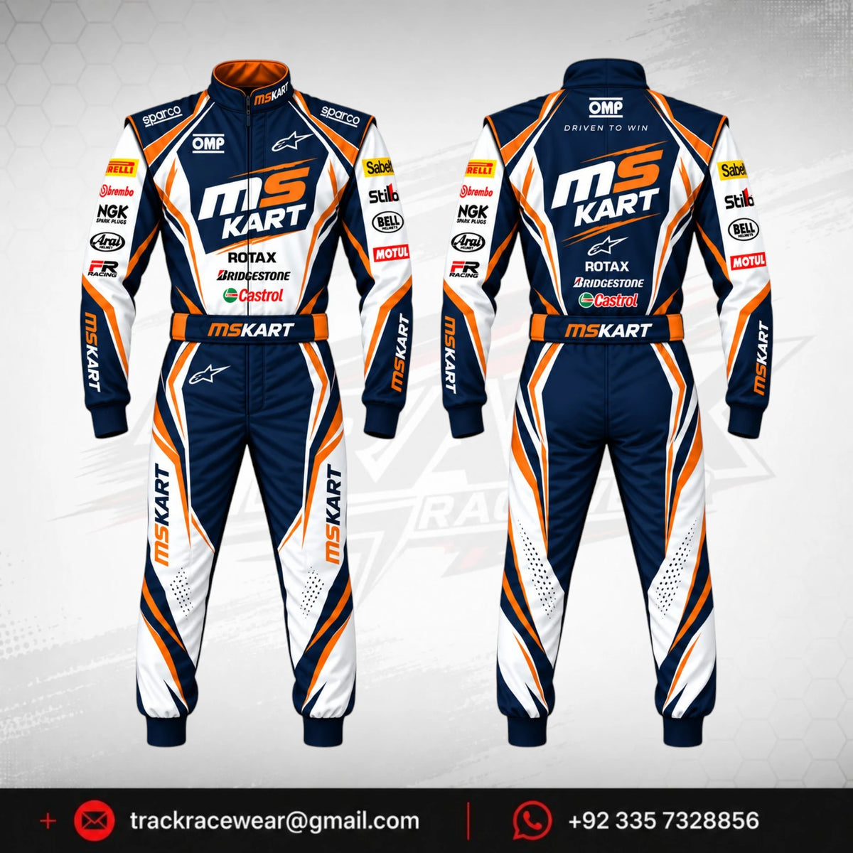 MS KART High-Performance Racing Suit – Navy Blue, Orange & White Karting Suit