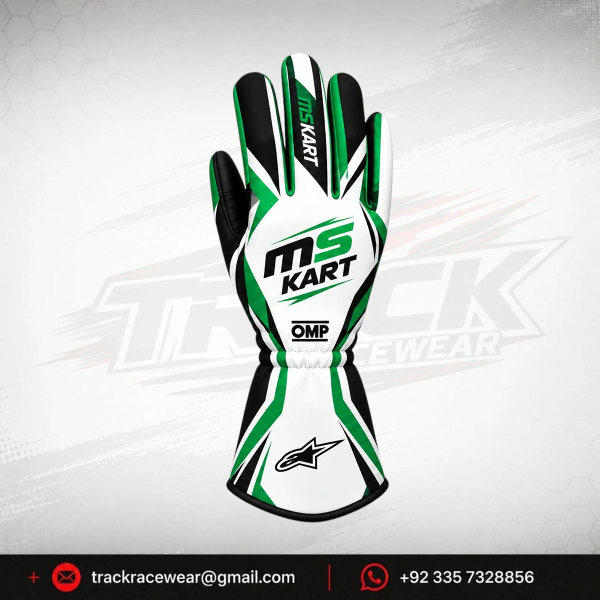 MS KART High-Performance Racing Gloves – Green, Black & White Karting Gloves