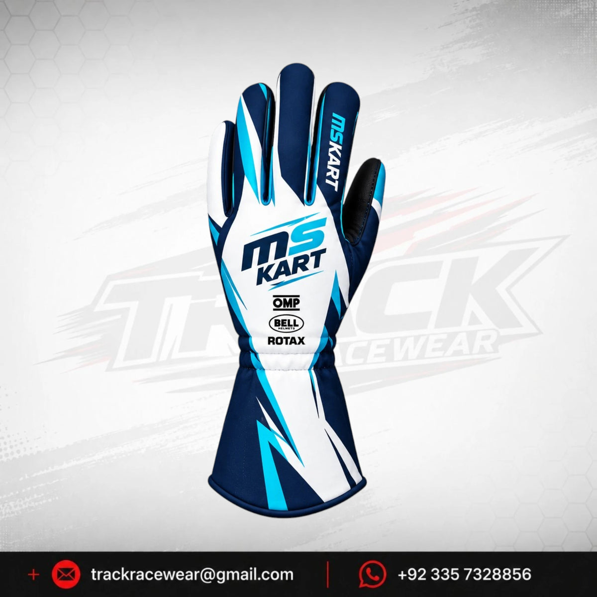 MS KART High-Performance Racing Gloves – Navy, Cyan & White Karting Gloves