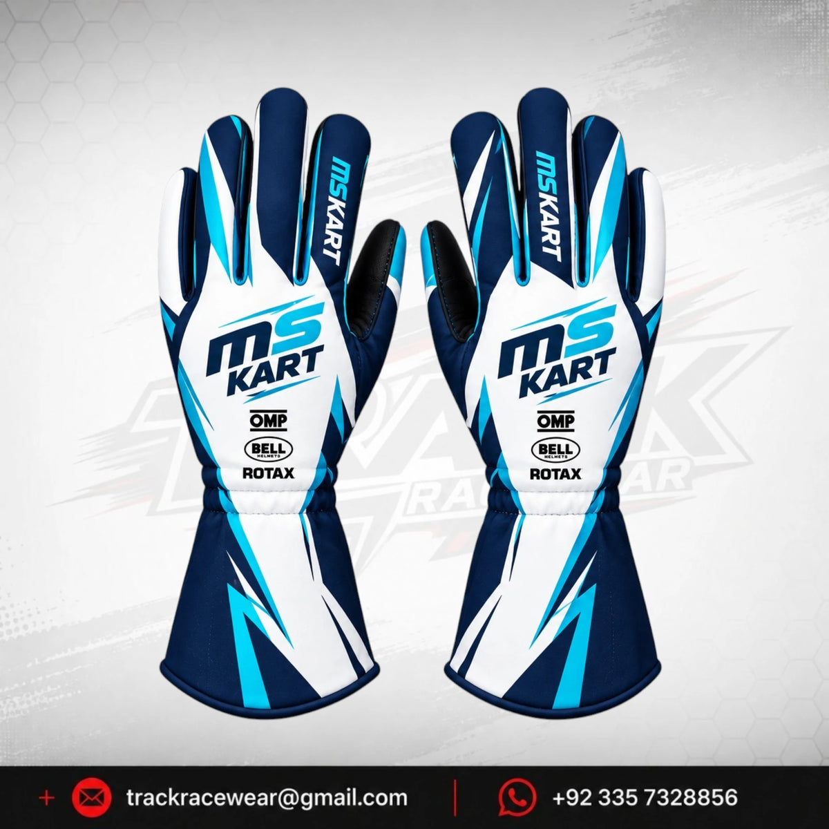 MS KART High-Performance Racing Gloves – Navy, Cyan & White Karting Gloves