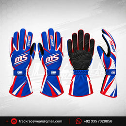 MS KART High-Performance Racing Gloves – Royal Blue, White & Red Karting Gloves