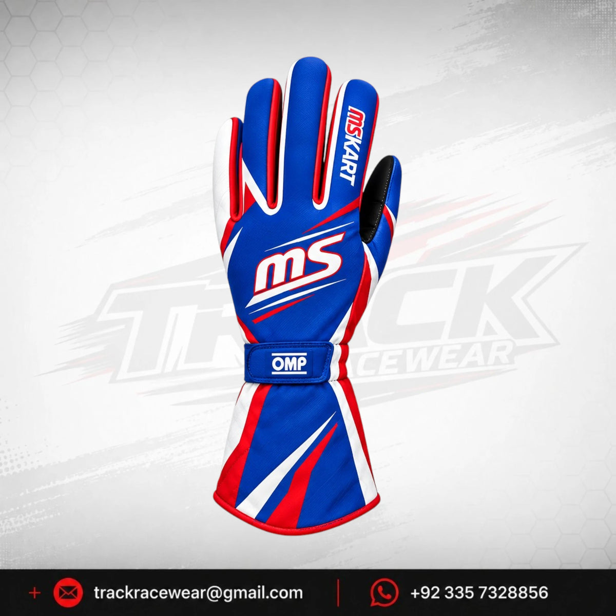 MS KART High-Performance Racing Gloves – Royal Blue, White & Red Karting Gloves