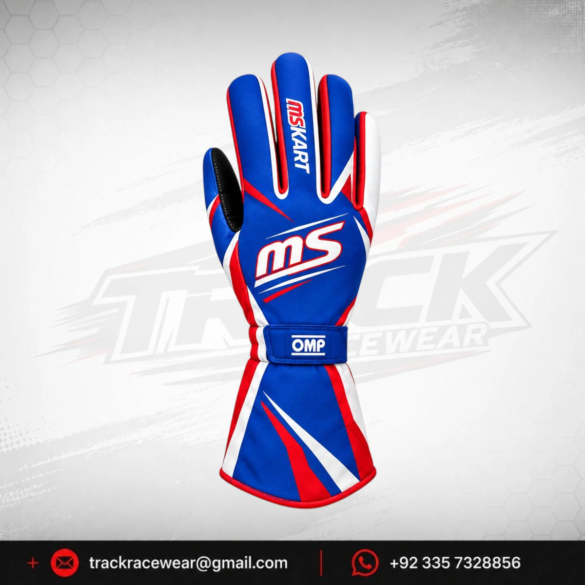 MS KART High-Performance Racing Gloves – Royal Blue, White & Red Karting Gloves
