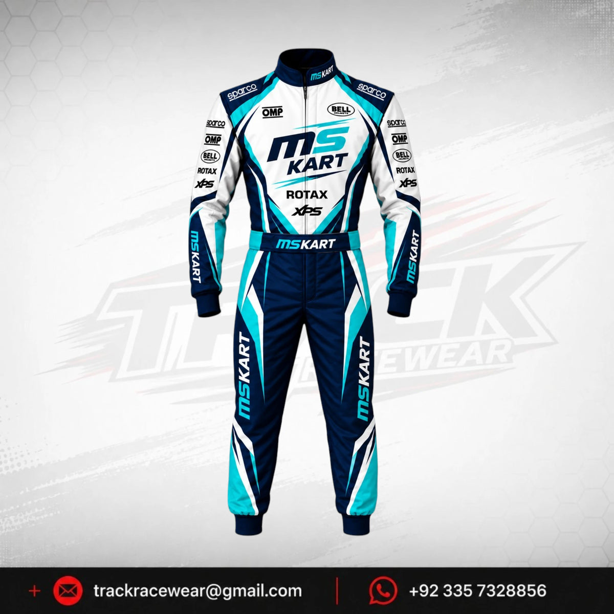 MS KART High-Performance Racing Suit – Cyan, Navy Blue & White