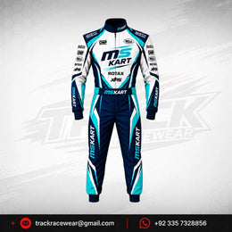 MS KART High-Performance Racing Suit – Cyan, Navy Blue & White