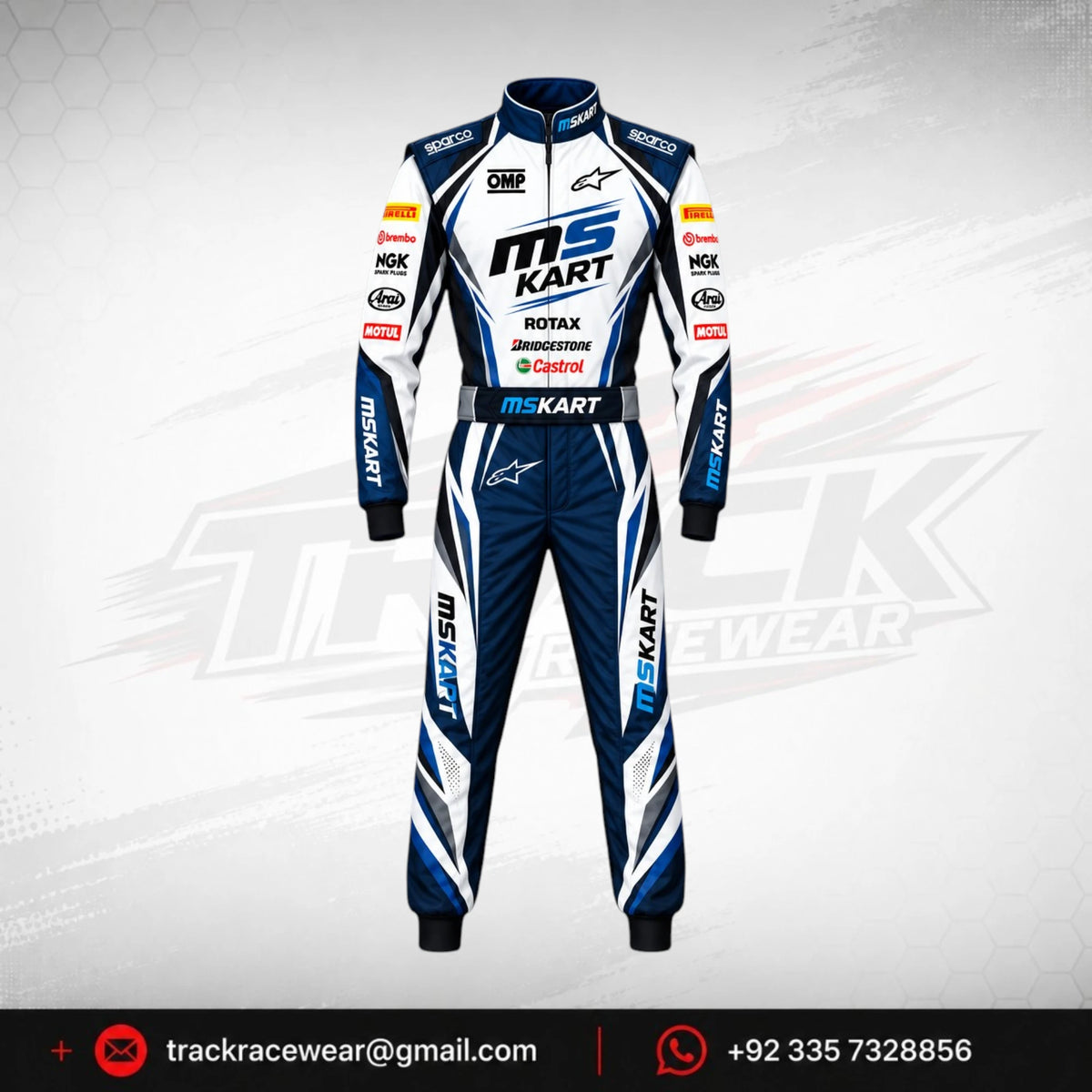 MS KART High-Performance Racing Suit – Navy Blue, White & Cyan