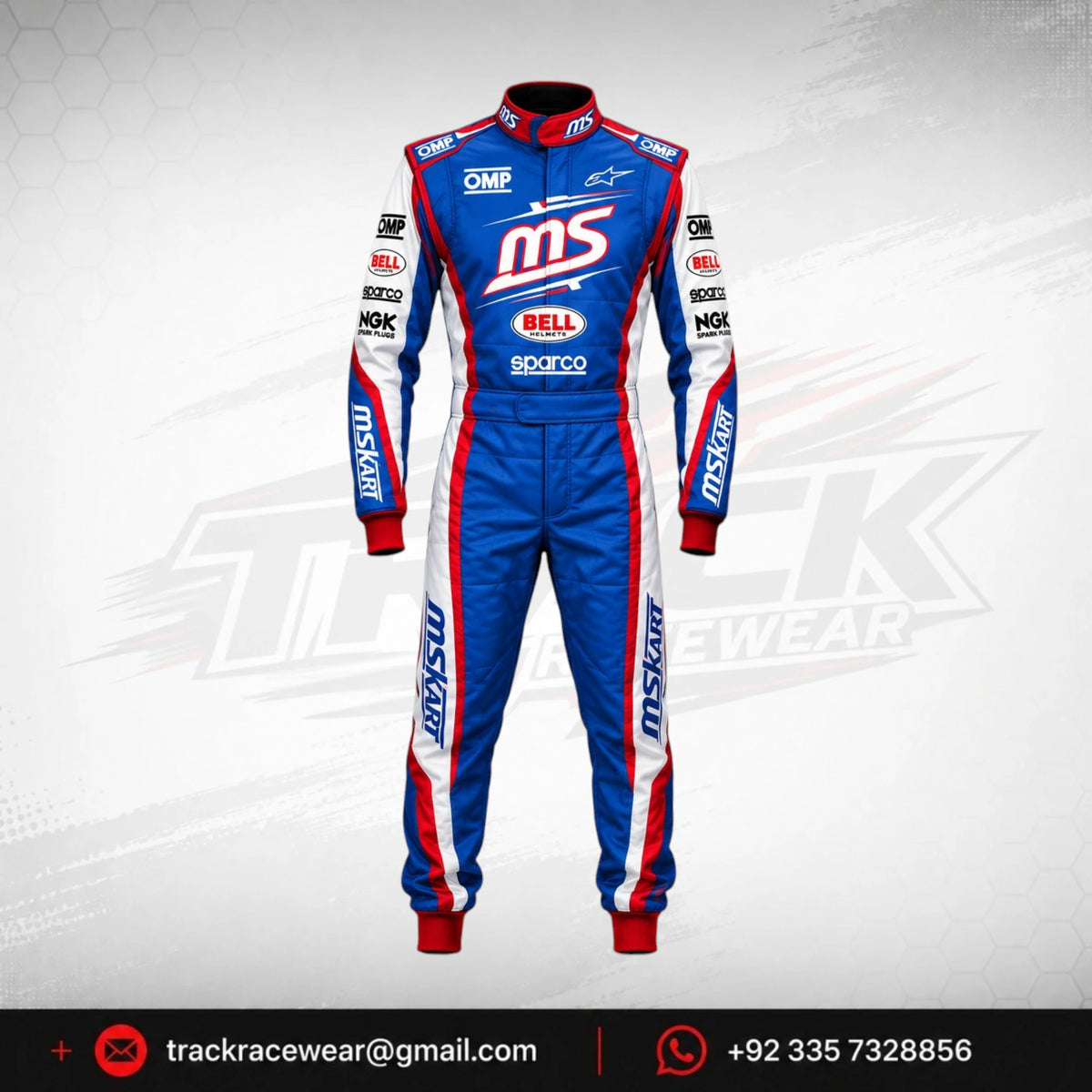 MS KART High-Performance Racing Suit – Royal Blue, Red & White