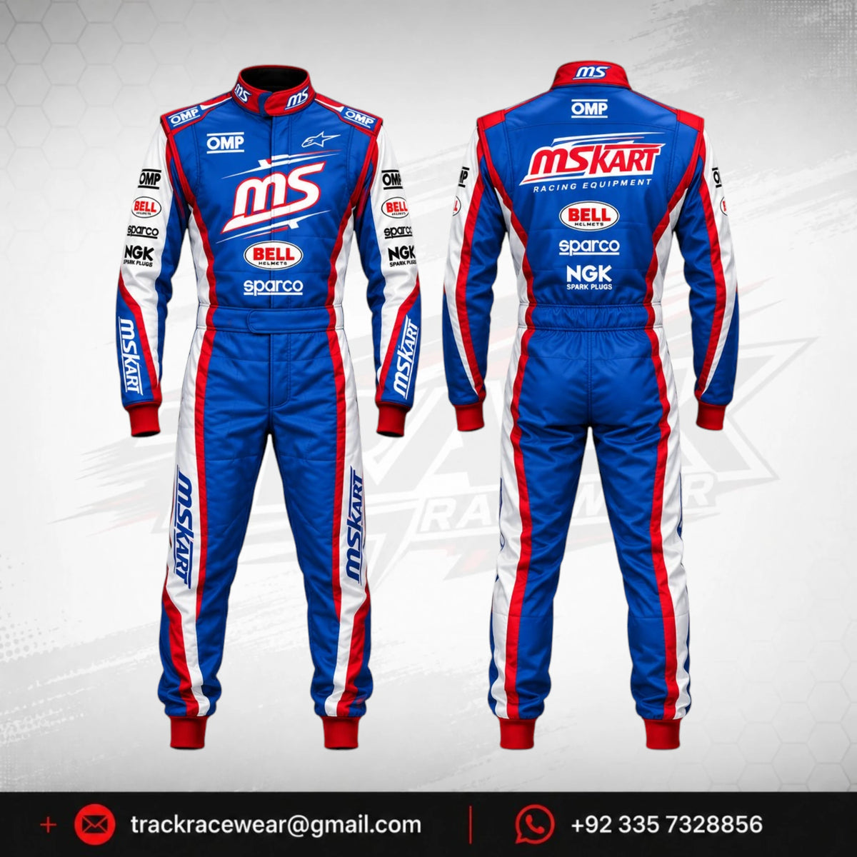 MS KART High-Performance Racing Suit – Royal Blue, Red & White