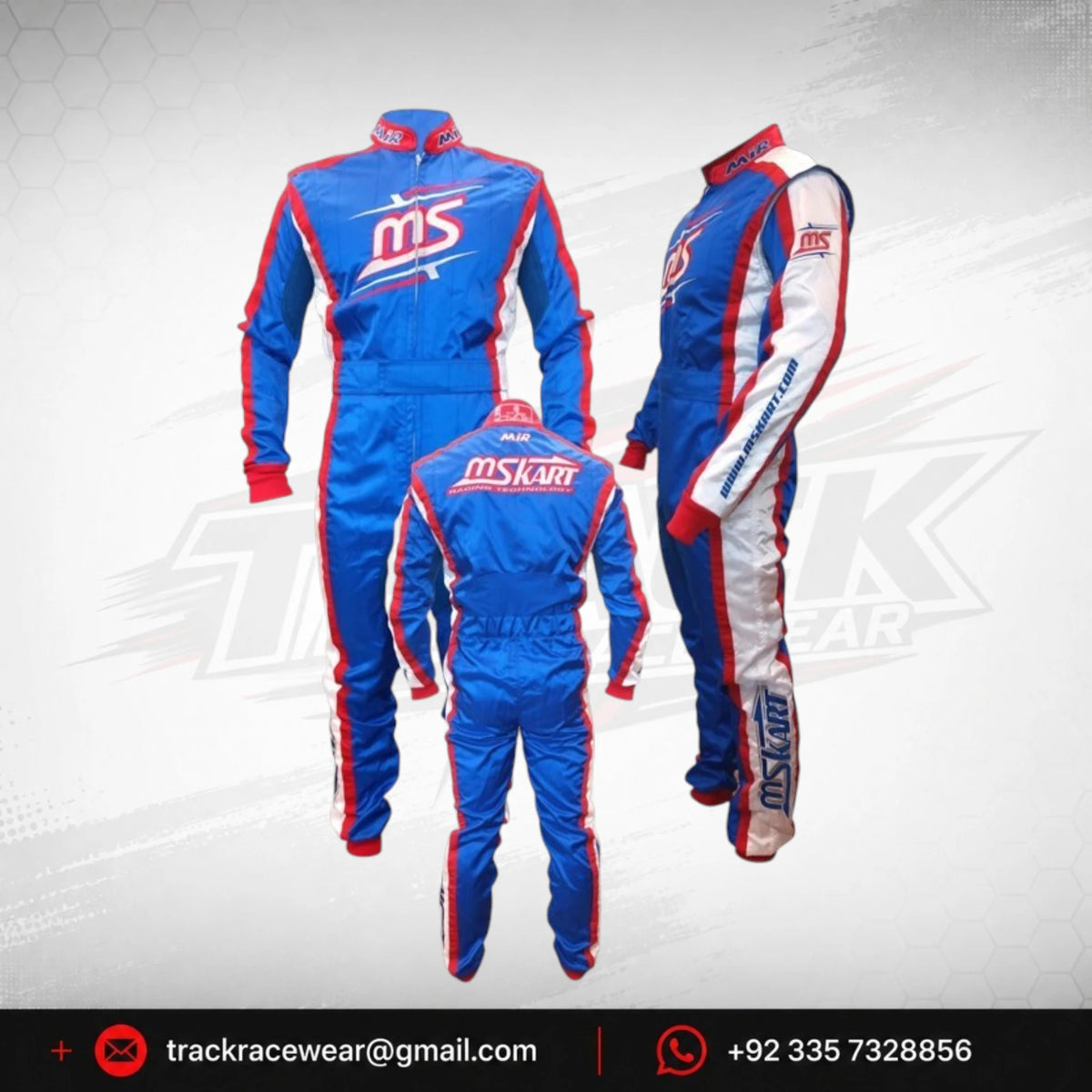 MS KART Official MIR Racing Suit – Blue, Red & White Karting Overall