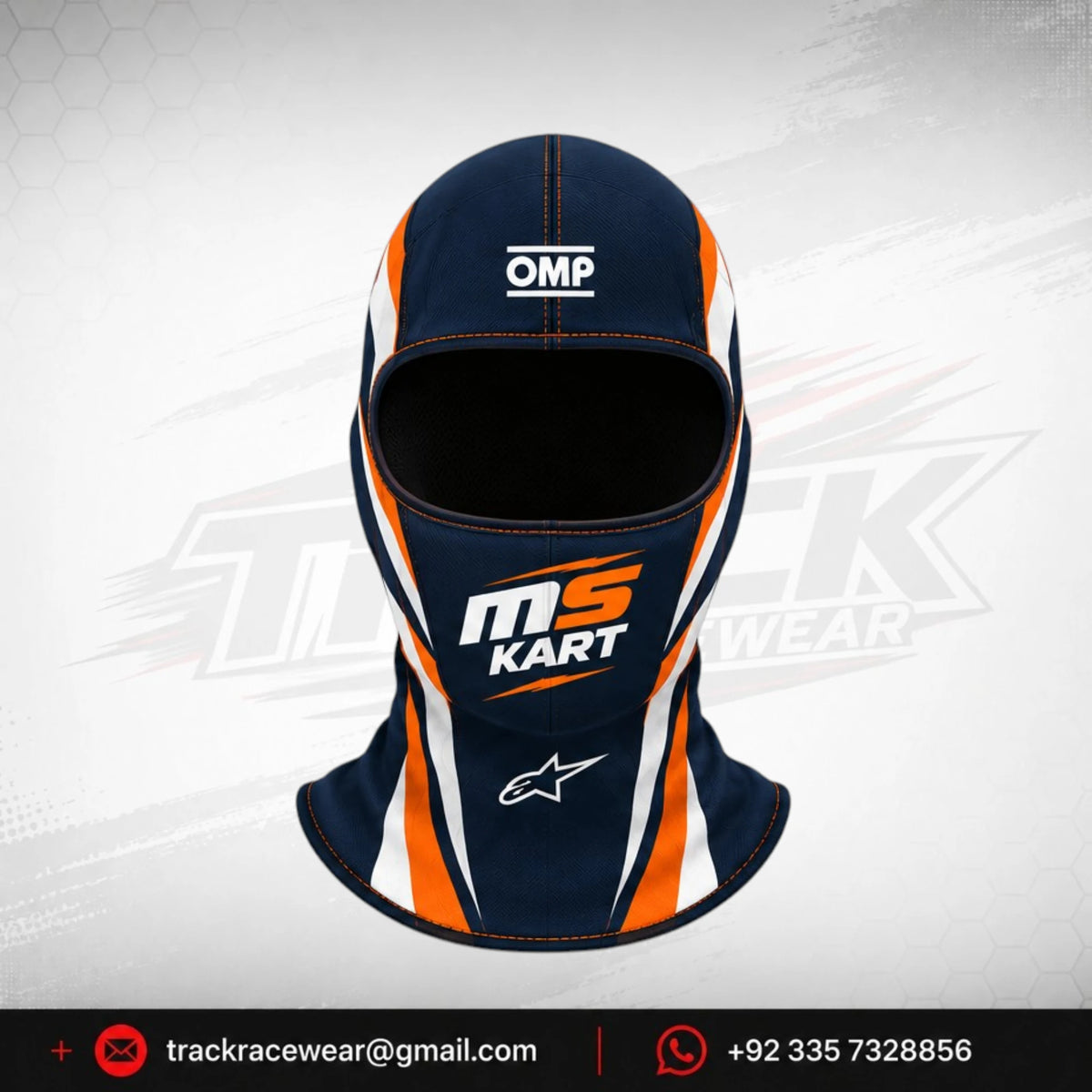 Official 2026 MS KART Balaclava – Navy Blue, Orange & White