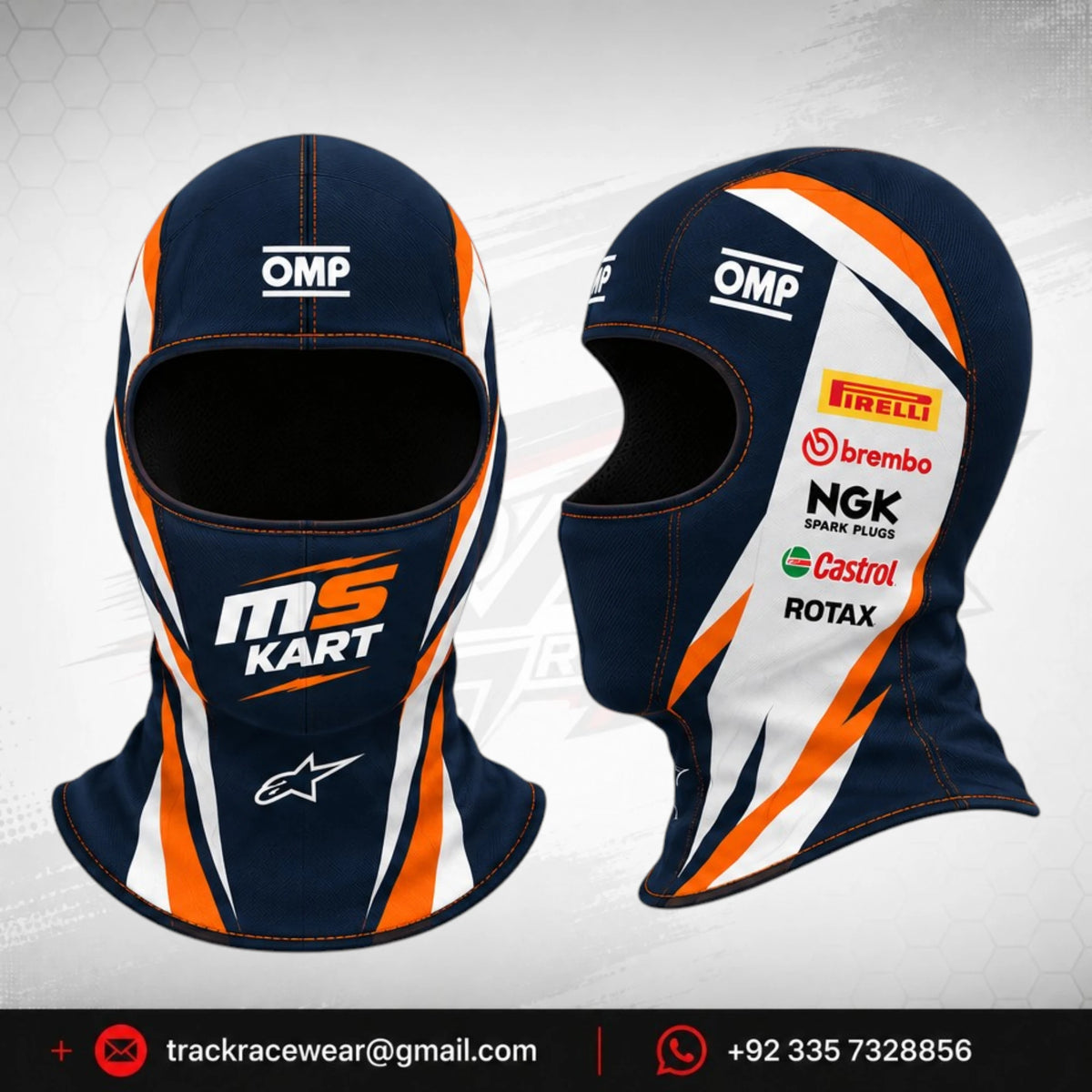 Official 2026 MS KART Balaclava – Navy Blue, Orange & White