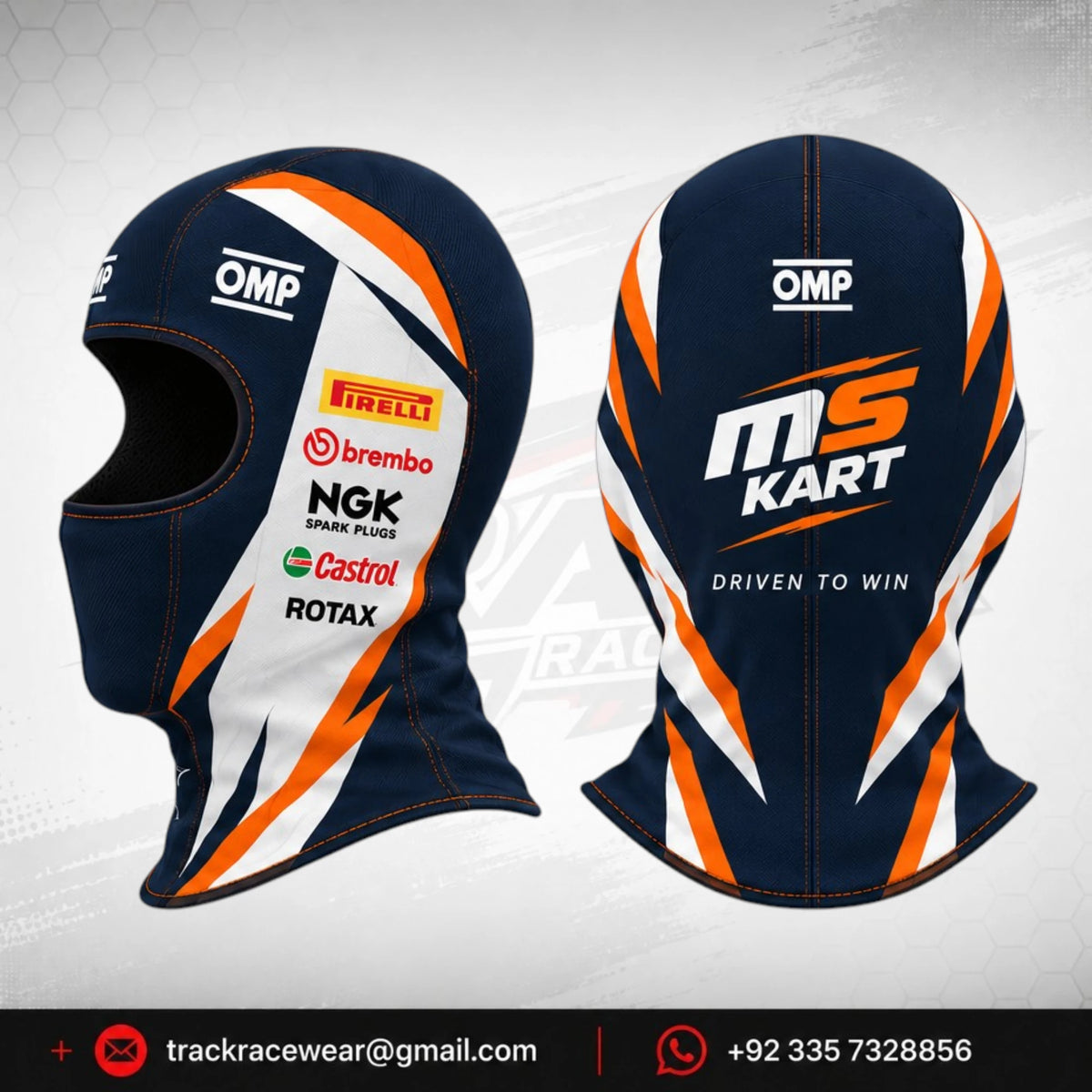Official 2026 MS KART Balaclava – Navy Blue, Orange & White