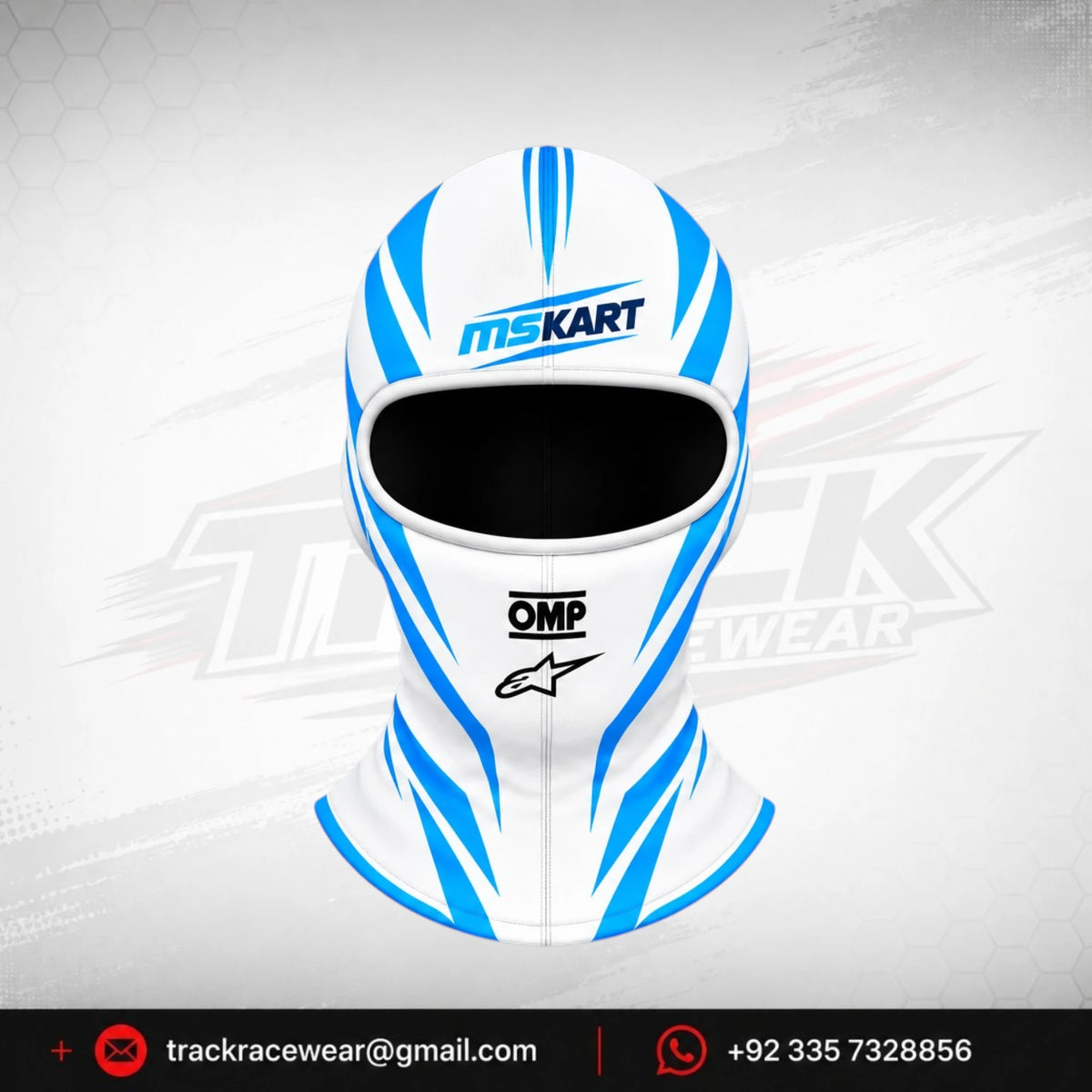 Official 2026 MS KART Balaclava – White & Cyan Blue