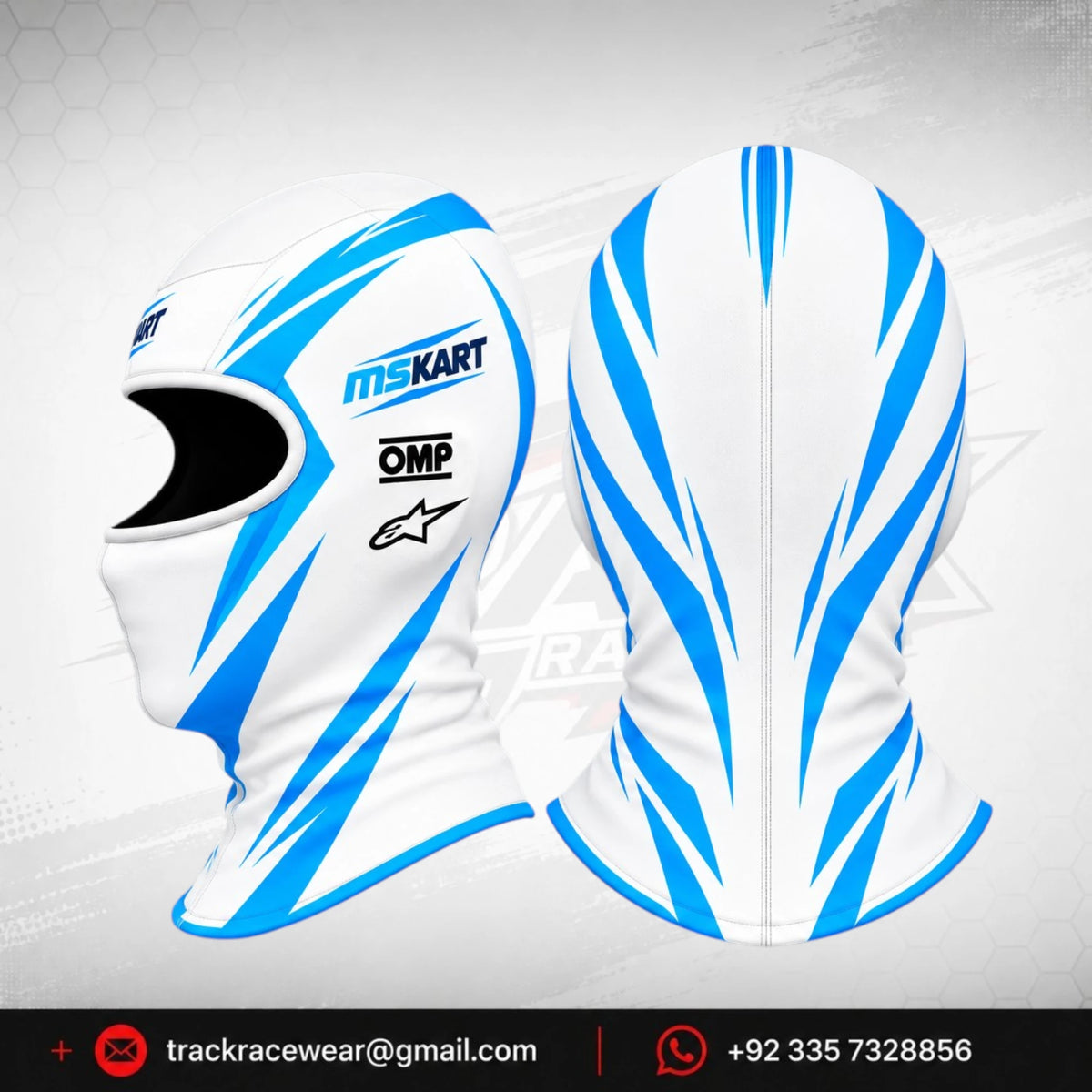 Official 2026 MS KART Balaclava – White & Cyan Blue
