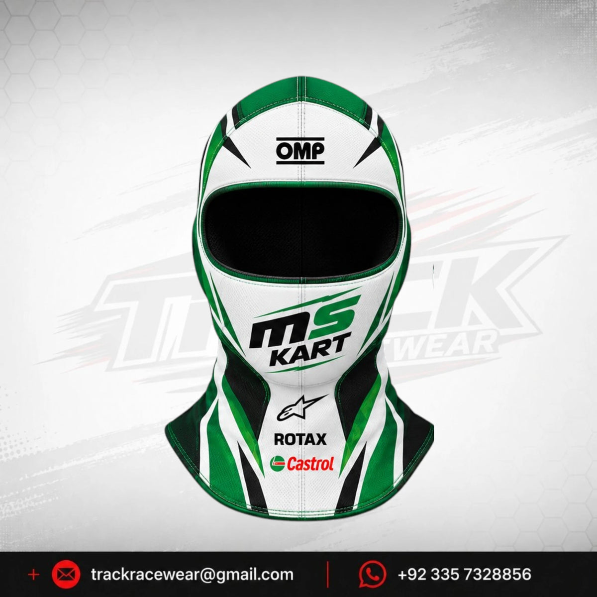 Official 2026 MS KART Balaclava – White, Green & Black