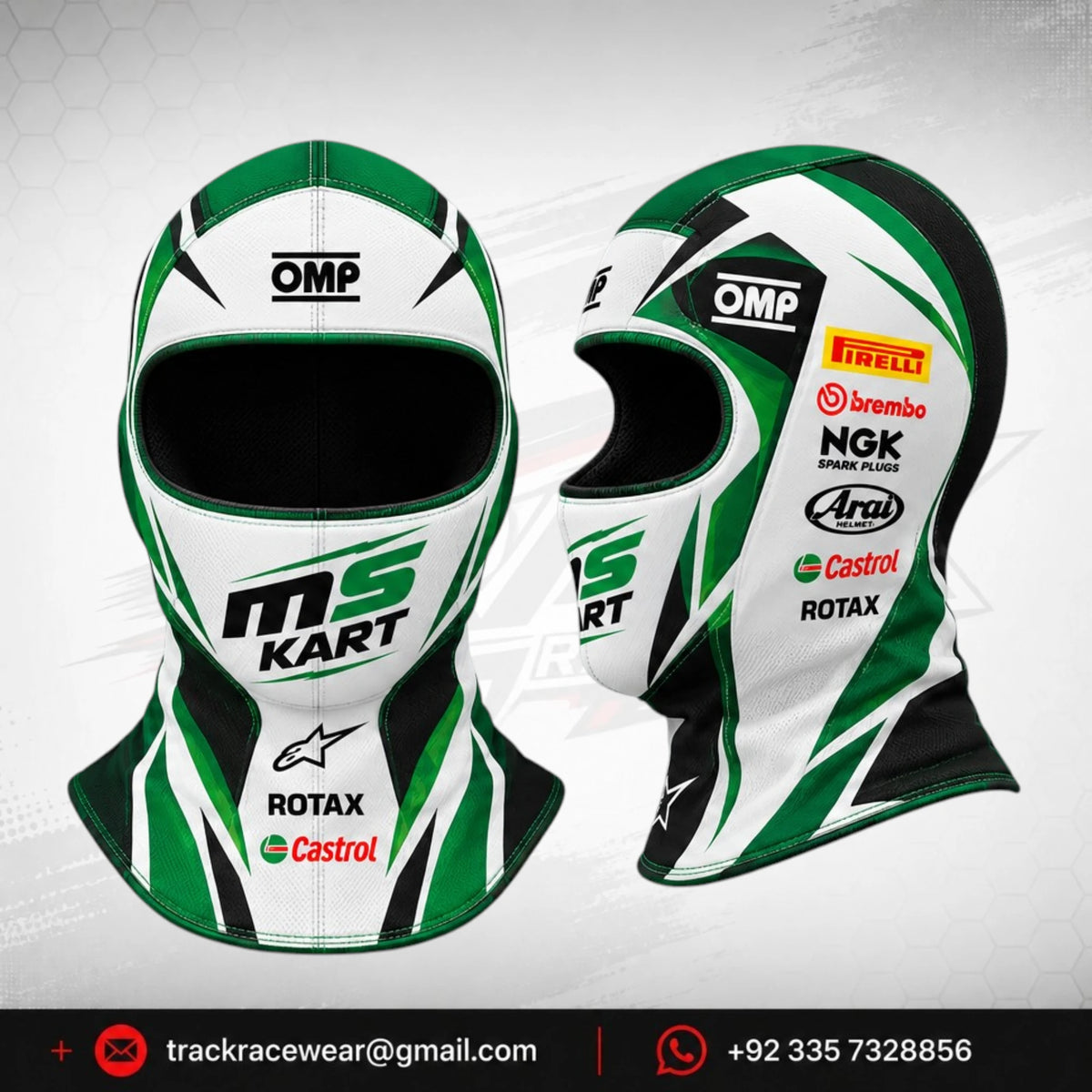 Official 2026 MS KART Balaclava – White, Green & Black