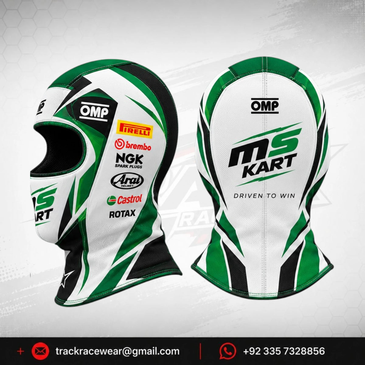 Official 2026 MS KART Balaclava – White, Green & Black