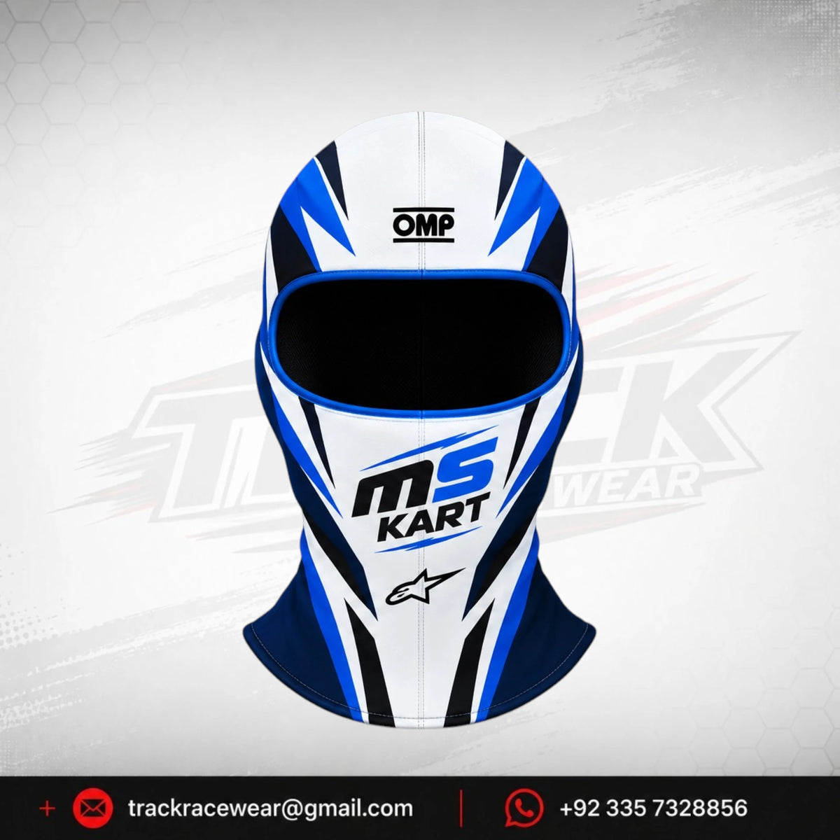 Official 2026 MS KART Balaclava – White, Navy & Cyan Blue