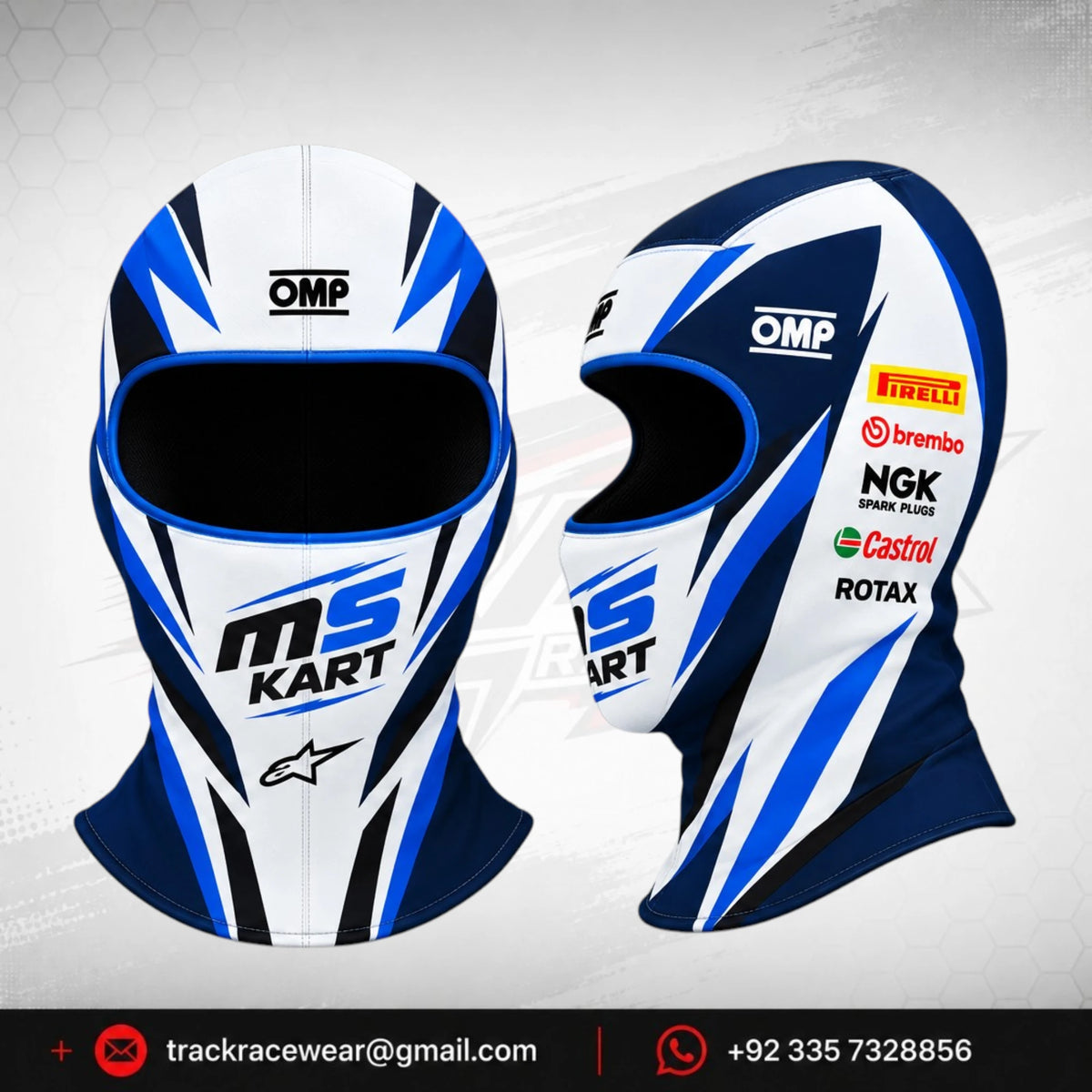 Official 2026 MS KART Balaclava – White, Navy & Cyan Blue