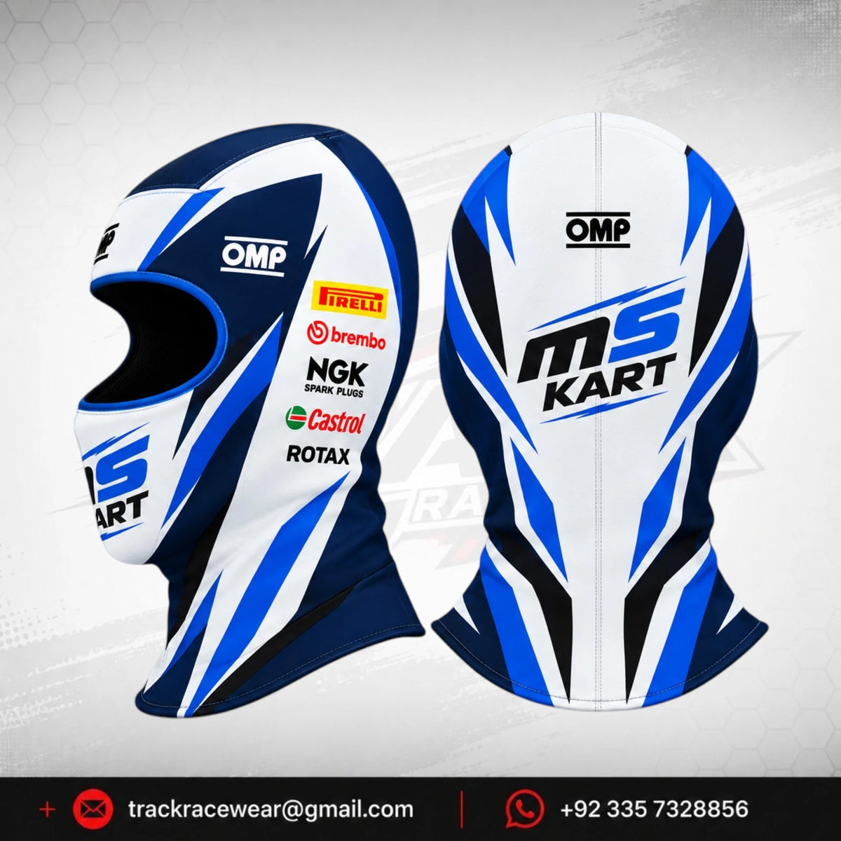 Official 2026 MS KART Balaclava – White, Navy & Cyan Blue