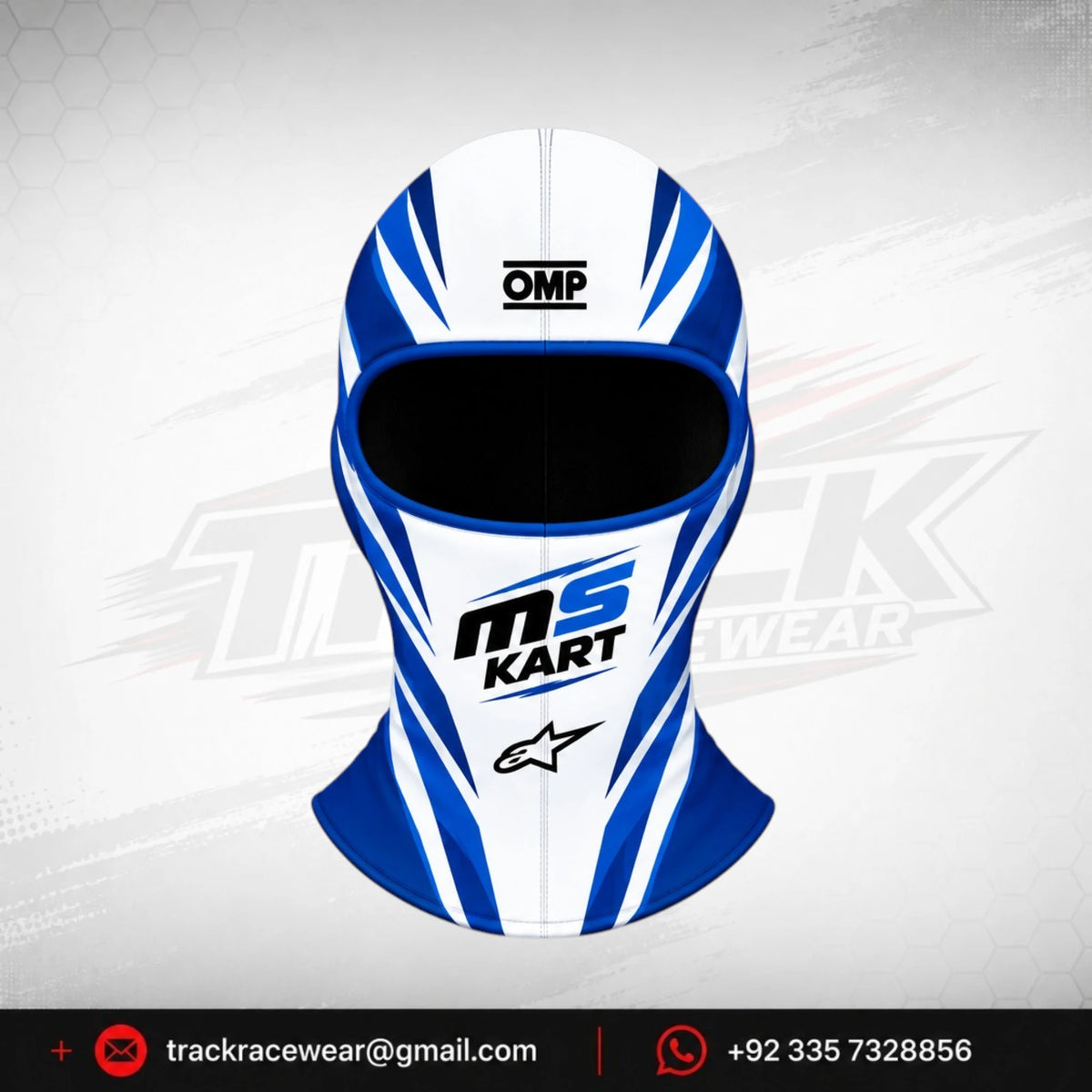 Official 2026 MS KART Balaclava – White & Royal Blue