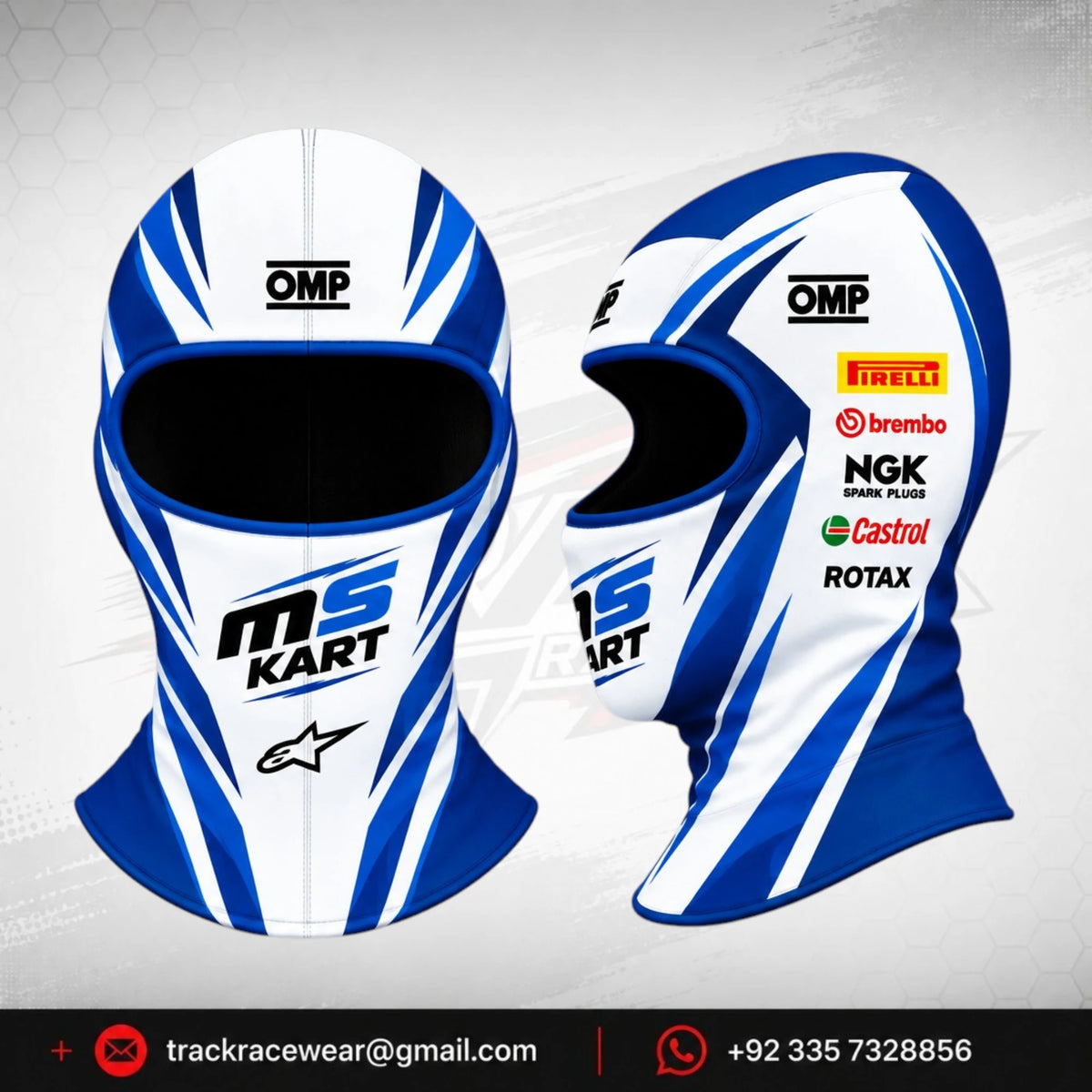 Official 2026 MS KART Balaclava – White & Royal Blue