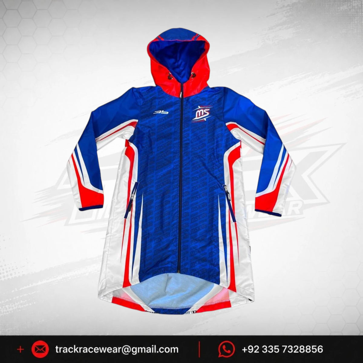 Official MS KART Factory Racing Long Rain Coat Parka – Royal Blue, Red & White