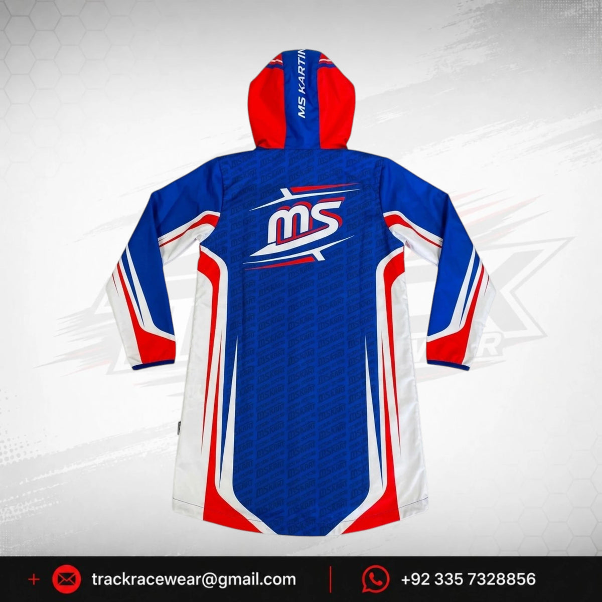Official MS KART Factory Racing Long Rain Coat Parka – Royal Blue, Red & White