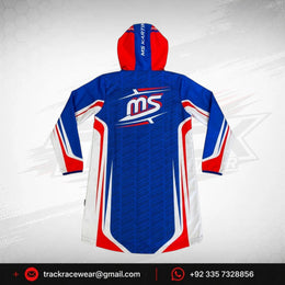 Official MS KART Factory Racing Long Rain Coat Parka – Royal Blue, Red & White