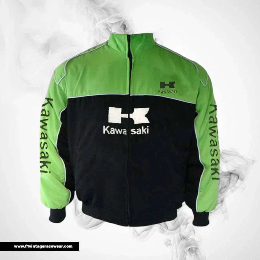 Kawasaki F1 Inspired Motorcycle Jacket Light Green Black Racing Style